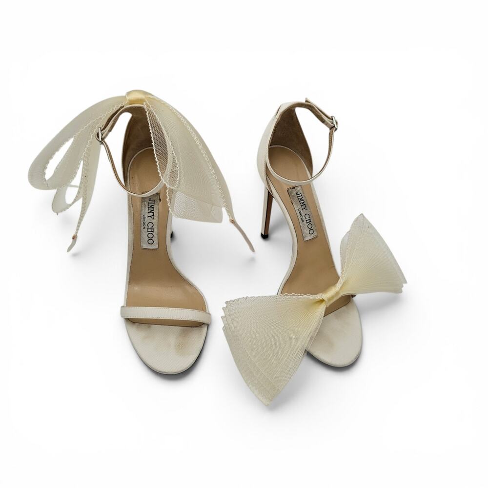 Jimmy Choo Aveline 100 Bow High Heel Sandal Size 38.5 US 8.5 Ivory White Bridal